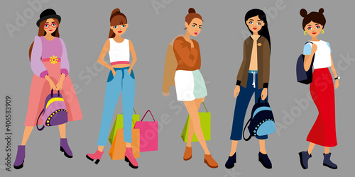 Set of character fashion style young girls, women different clothes, with bag, shoping package, backpack. Students girl in dress, pants, skirt, jacket, blouse, hat. Front view flat vector illustration