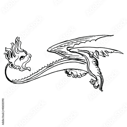 Fantastic medieval winged dragon. Gothic illuminated manuscript decor. Hand drawn linear doodle ink sketch. Black silhouette on white background.