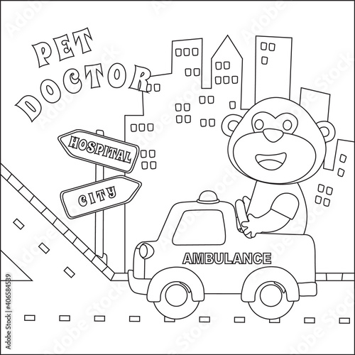 Vector ambulance with cute animals inside. monkey doctor driving emergency car. Cartoon isolated vector illustration, Creative vector Childish design for kids activity colouring book or page.