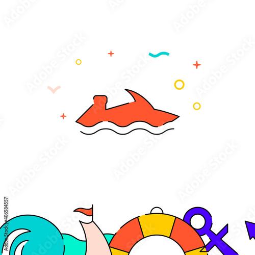 Water bike, jetski filled line vector icon, simple illustration, water safety and watercraft related bottom border.