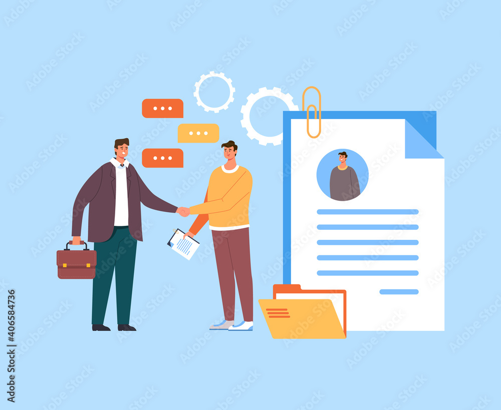 Boss and employee worker characters shaking hands. Head hunting recruitment concept. Vector flat graphic simple illustration Boss and employee worker characters shaking hands. Head hunting recruitment concept. Vector flat graphic simple illustration