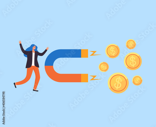 Successful business woman character attracting money golden coins salary income increase concept.
Vector flat graphic design simple illustration