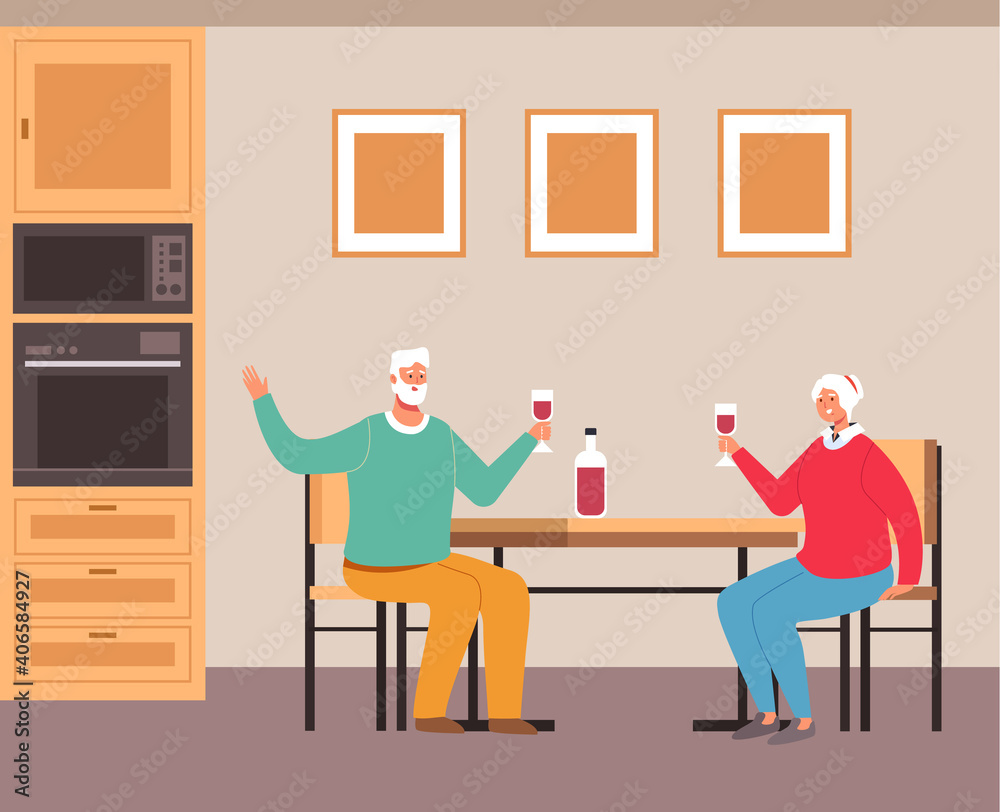 Two elderly adult people man and woman characters celebration anniversary love date valentine day concept. Vector flat graphic design simple illustration Two elderly adult people man and woman characters celebration anniversary love date valentine day concept. Vector flat graphic design simple illustration