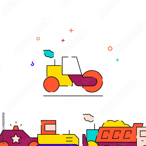 Asphalt compactor roller filled line vector icon, simple illustration, special transport related bottom border.