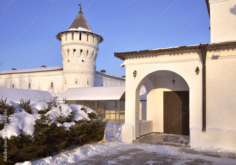 Tobolsk Kremlin in winter. The porch of the Red House on the background of the Gostiny Dvor tower in the first capital of Siberia