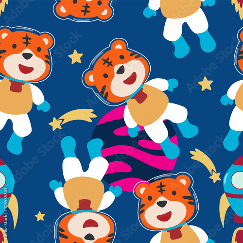 Fototapeta Naklejka Na Ścianę i Meble -  Vector seamless pattern with cute  little tiger astronaut, rocket and stars. Creative vector childish background for fabric, textile, nursery wallpaper, poster, brochure Vector illustration background
