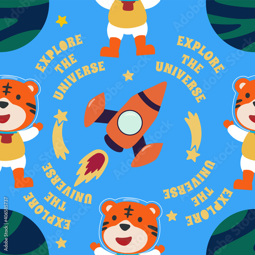 Vector seamless pattern with cute little tiger astronaut, rocket and stars. Creative vector childish background for fabric, textile, nursery wallpaper, poster, brochure Vector illustration