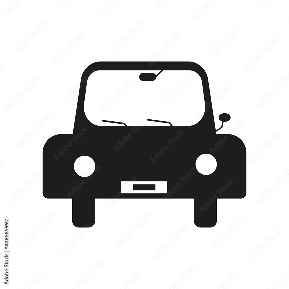 Car icon. Black car on a white background. Front view, vehicle symbol. Vector image. Flat style