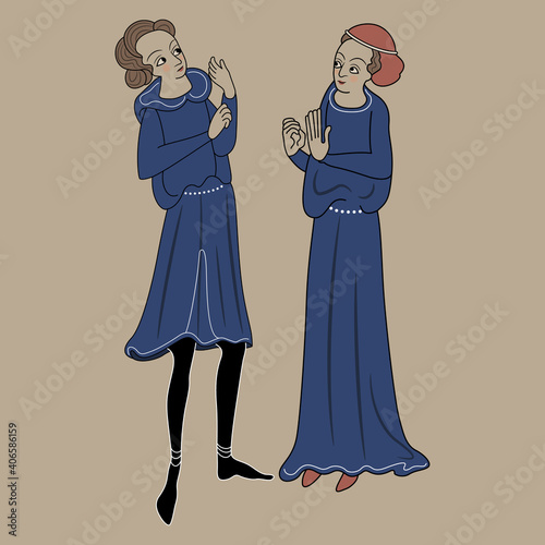 Medieval couple. Young man and woman in Gothic costumes. Illuminated manuscript illustration.