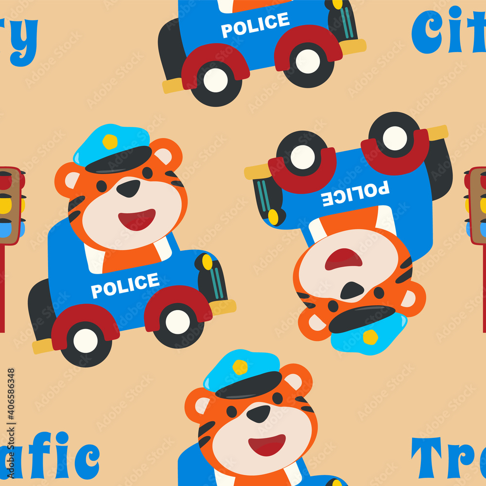 Vector seamless pattern with police patrol animal cartoon. Creative vector childish background for fabric, textile, nursery wallpaper, poster brochure Vector illustration background Vector seamless pattern with police patrol animal cartoon. Creative vector childish background for fabric, textile, nursery wallpaper, poster brochure Vector illustration background