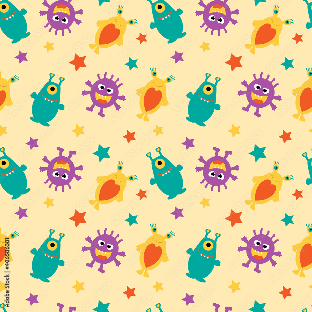 Funny aliens and multicolored stars on a yellow background. Funny aliens and multicolored stars on a yellow background.