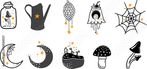 Green witch stuff. Witchcraft, magic elements. Wicca and pagan tradition. Vector Hand drawn elements. Magic set with stars