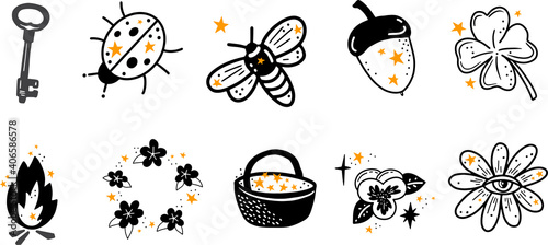 Green witch stuff. Witchcraft, magic elements. Wicca and pagan tradition. Vector Hand drawn elements. Magic set with stars