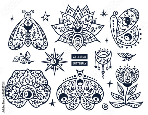 Black-white celestial butterfly, moth, flower isolated kids clipart, hand drawn line insects, lotus flower, stars and moon cute magic baby illustration, vector design elements on white
