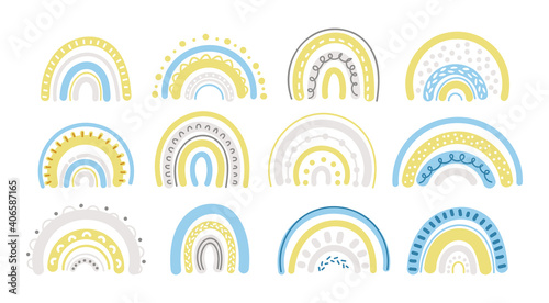 Spring pastel rainbow in blue and yellow clipart set - baby cartoon rainbows isolated on white background, cute nursery decorative design elements, vector kids illustration