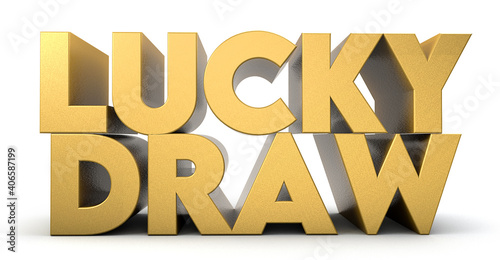 Lucky draw word made from realistic gold isolated on white background. 3d illustration.