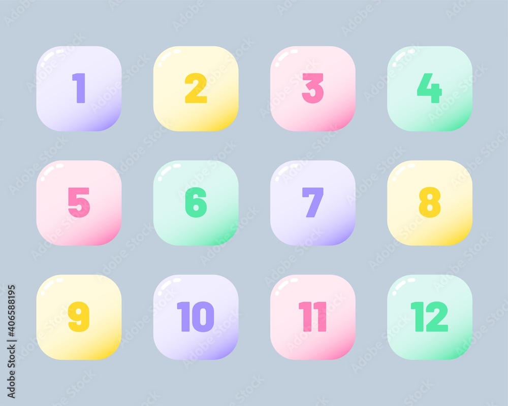 Number bullet points 1 to 12. Modern square shapes. Colorful markers Number bullet points 1 to 12. Modern square shapes. Colorful markers