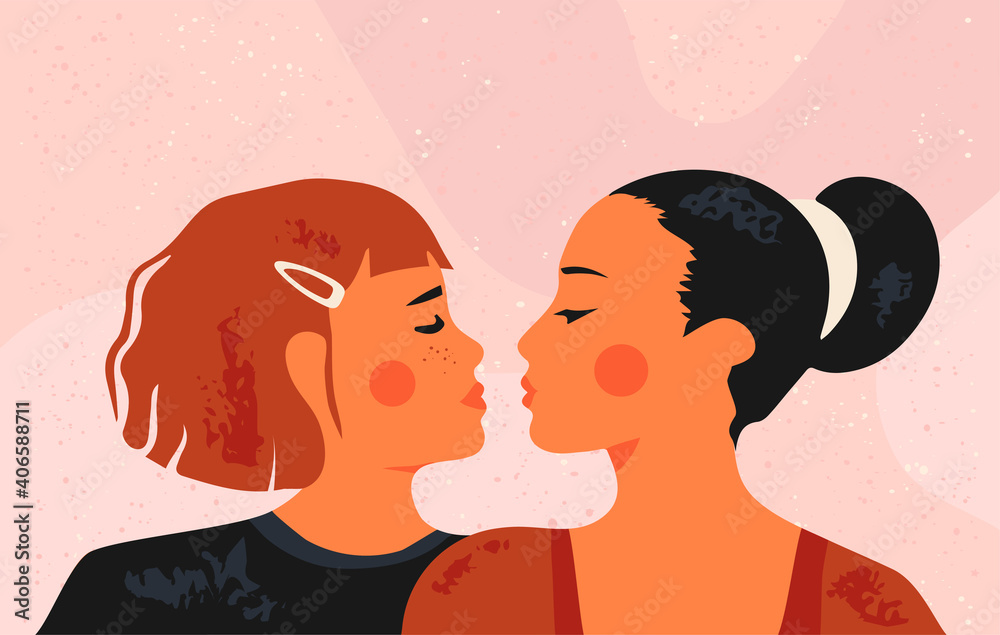 Female lesbian couple. Asian and caucasian women falling in love. Lgbt and pride concept. Homosexual poster or card for Valentine's Day. Flat vector.