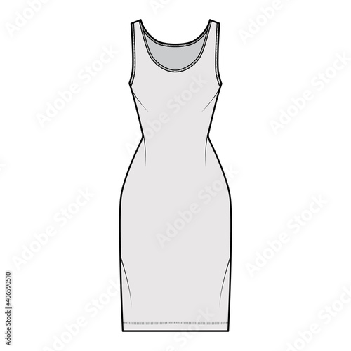 Tank dress technical fashion illustration with scoop neck, straps, knee length, fitted body, Pencil fullness. Flat apparel template front, grey color. Women, men, unisex CAD mockup