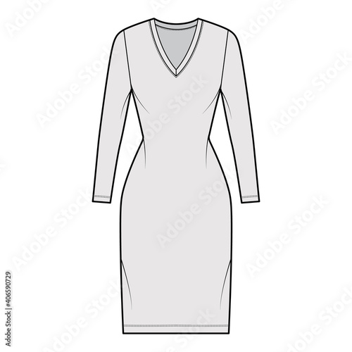 T-shirt dress technical fashion illustration with V-neck, long sleeves, knee length, fitted body, Pencil fullness. Flat apparel template front, grey color. Women, men, unisex CAD mockup
