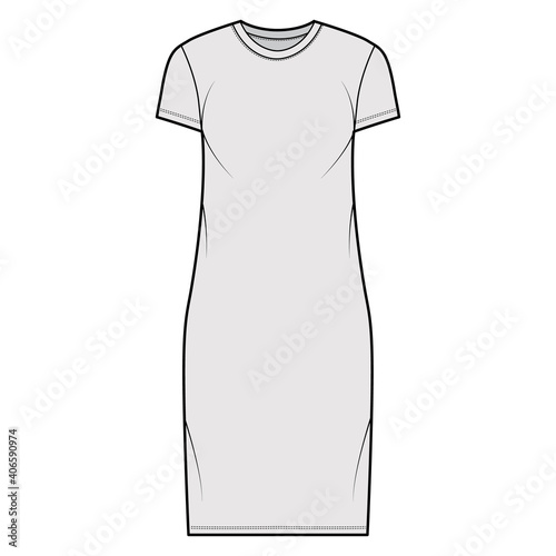 T-shirt dress technical fashion illustration with crew neck, short sleeves, knee length, oversized, Pencil fullness. Flat apparel template front, grey color. Women, men, unisex CAD mockup