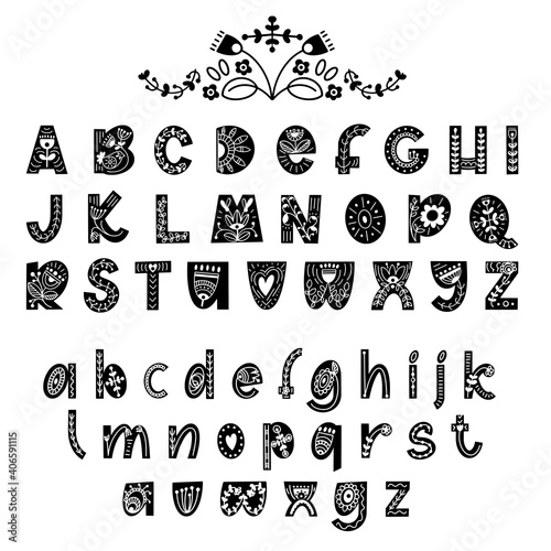 Hand drawn latin alphabet in scandinavian style. Folk art font with flower and leaves ornament. For typography poster, card, label, banner design.