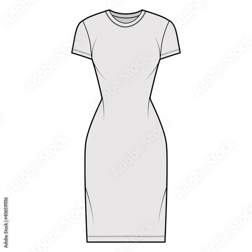 T-shirt dress technical fashion illustration with crew neck, short sleeves, knee length, slim fit, Pencil fullness. Flat apparel template front, grey color. Women, men, unisex CAD mockup