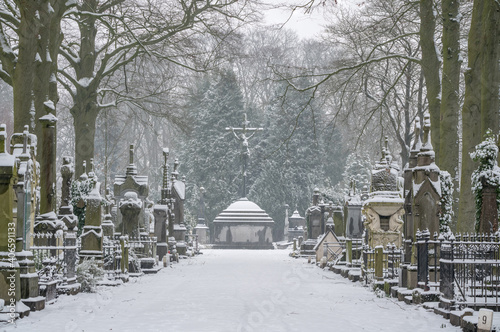 during snow in the cemetery