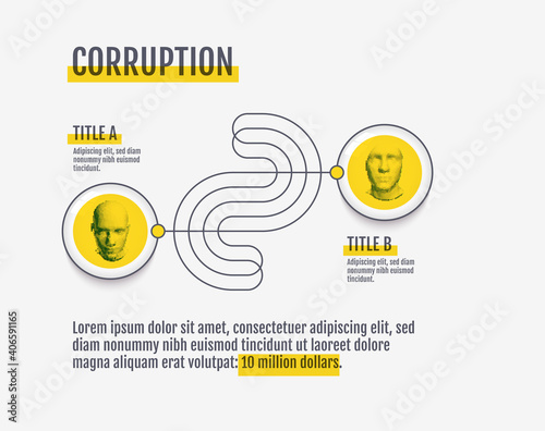 Corruption infographics template. Graphic concept for your design. Can be used for report, presentation, diagram or web design. Digital dotted man's portraits. 3d vector illustration.