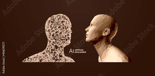 Human vs robot. Conflict of artificial intelligence and human mind. The concept of rivalry.  Scientific digital design template. 3d vector illustration for presentations, flyers or posters.