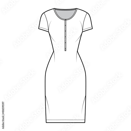 Shirt dress technical fashion illustration with henley neck, short sleeves, knee length, fitted body, Pencil fullness. Flat apparel template front, white color. Women, men, unisex CAD mockup