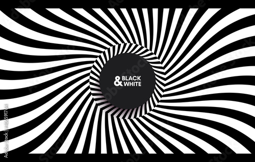 Pattern with optical illusion. Black and white design. Abstract striped background. Rotation and swirling movement. 3d motion vector Illustration for advertising, marketing or presentation.