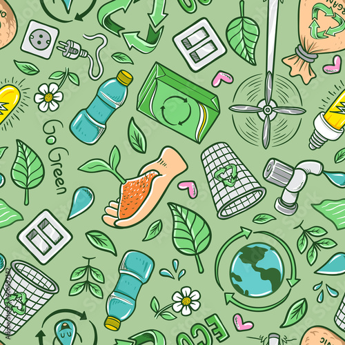 hand drawn cartoon eco recycle seamless pattern background