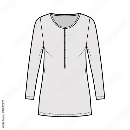 Shirt dress mini technical fashion illustration with henley neck, long sleeves, oversized, Pencil fullness, stretch jersey. Flat apparel template front, grey color. Women, men, unisex CAD mockup