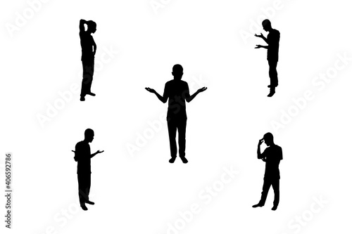 A set of people in different poses on a white background. Black silhouettes of guy isolated on white background.