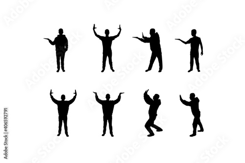 A set of people in different poses on a white background. Black silhouettes of guy isolated on white background.