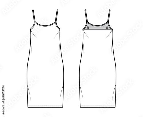Camisole dress technical fashion illustration with scoop neck, straps, knee length, oversized body, Pencil fullness. Flat apparel template front, back, white, grey color. Women, men, unisex CAD mockup
