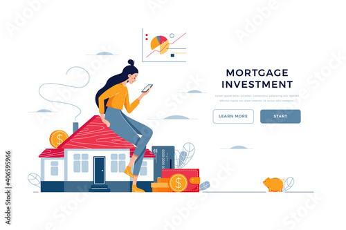Mortgage investment landing page template. Woman sitting on the house, analyzes profit from property buying or rent. Buy real estate, investment income for web site design. Flat vector illustration