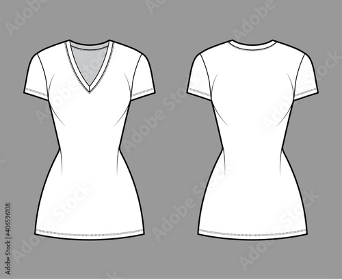 T-shirt dress technical fashion illustration with V-neck, short sleeves, mini length, fitted body, Pencil fullness. Flat apparel template front, back, white color. Women, men, unisex CAD mockup