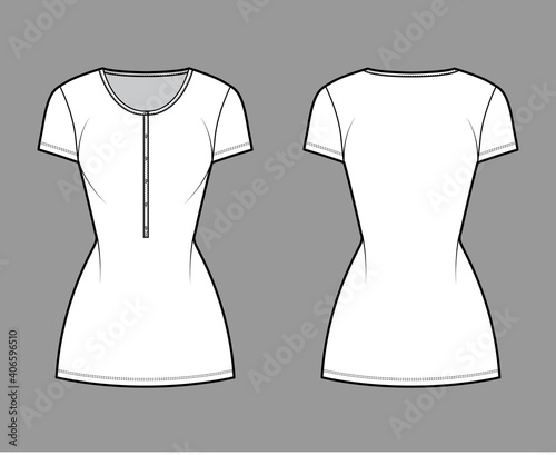 Shirt dress mini technical fashion illustration with henley neck, short sleeves, fitted body, Pencil fullness, stretch jersey. Flat apparel template front, back, white color. Women, unisex CAD mockup