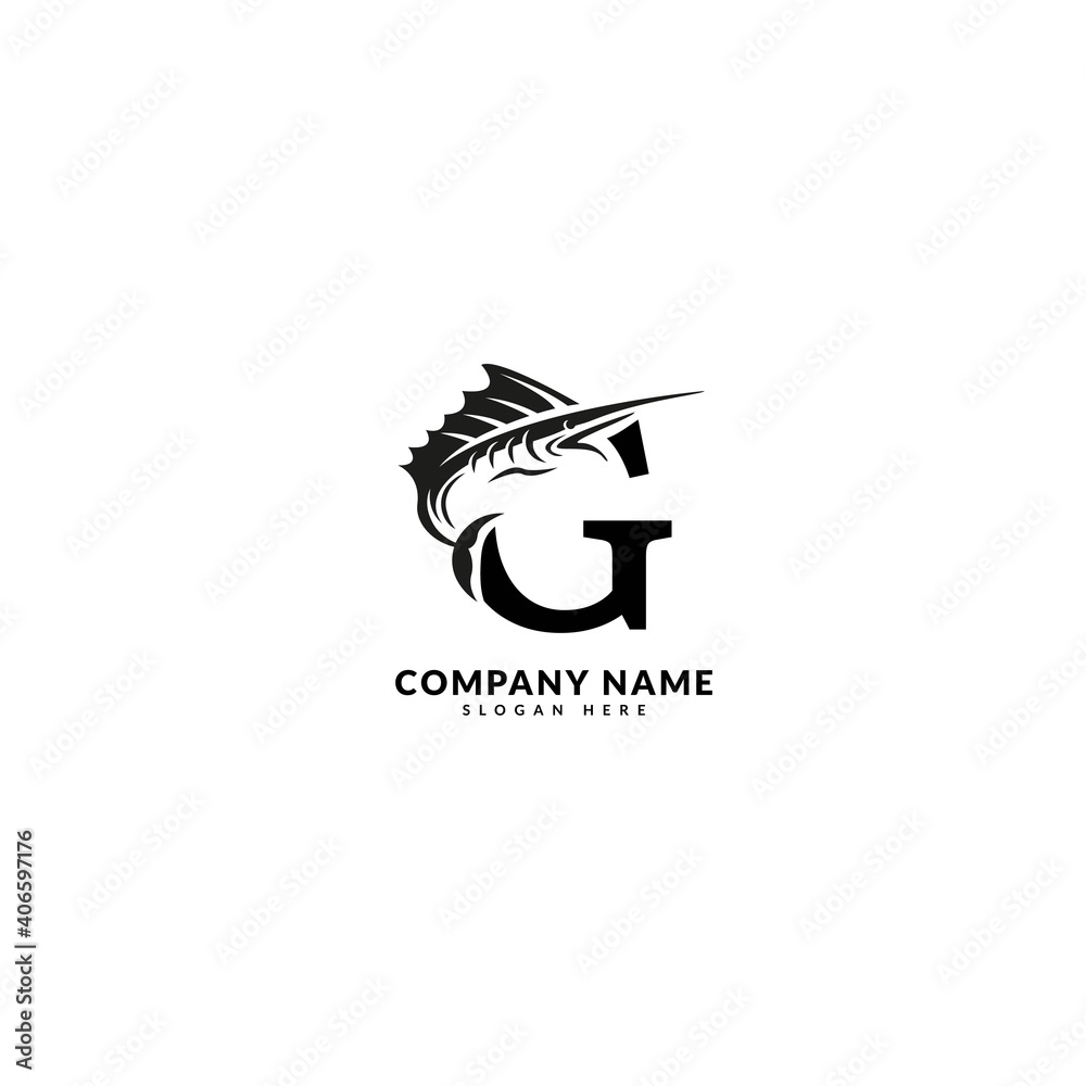 Initial letter G logotype. Minimalist fish logo concept, fit for fishing,  seafood restaurant, packaging or ocean traveling. Illustration vector logo.  Stock Vector