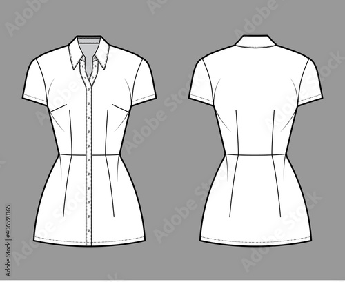 Shirt dress technical fashion illustration with classic regular collar, mini length, fitted body, Pencil fullness, button up. Flat apparel template front, back, white color. Women, unisex CAD mockup