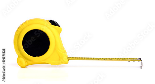 Yellow tape measure on white background