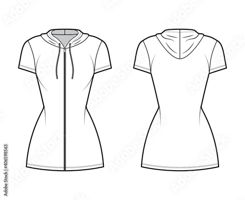 Hoodie zip-up dress technical fashion illustration with short sleeves, mini length, fitted body, Pencil fullness. Flat apparel template front, back, white color. Women, men, unisex CAD mockup