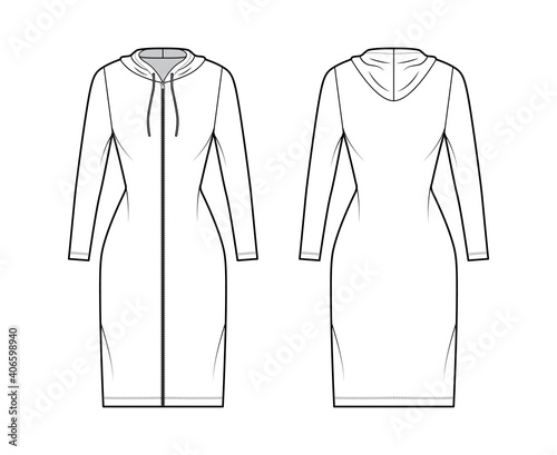 Hoodie zip-up dress technical fashion illustration with long sleeves, knee, mini length, fitted body, Pencil fullness. Flat apparel template front, back, white color. Women, men, unisex CAD mockup