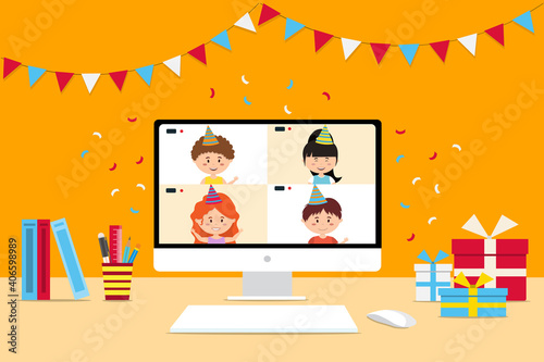 Online party. Happy party, birthday,virtual meeting. Kids meeting online via video on a computer.Vector Illustration