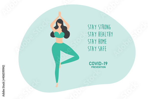 COVID-19 quarantine concept stay strong stay healthy stay home stay safe yoga girl at home vector illustration