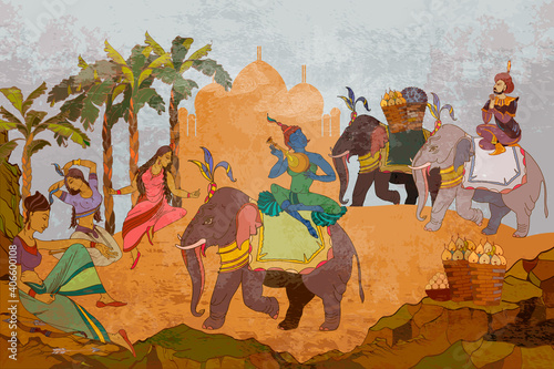 Gods of India. Ramayana. Dancing goddesses in the jungle. Ancient frescoes. Religion. Hinduism. Traditional indian mural paintings style. Old Asian culture. Mythology, tradition and history