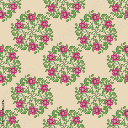 Seamless floral pattern with round floral mandalas. Blooming branches of wild rose or briar. Folk style. photo