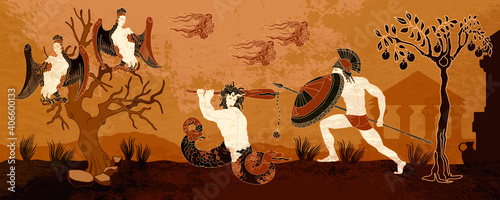 Ancient Greece. Legends and mythology art. History and culture scene. Ancient Greek scene. Black figure pottery style. Hero Hercules, harpy, Medusa gorgon and warrior